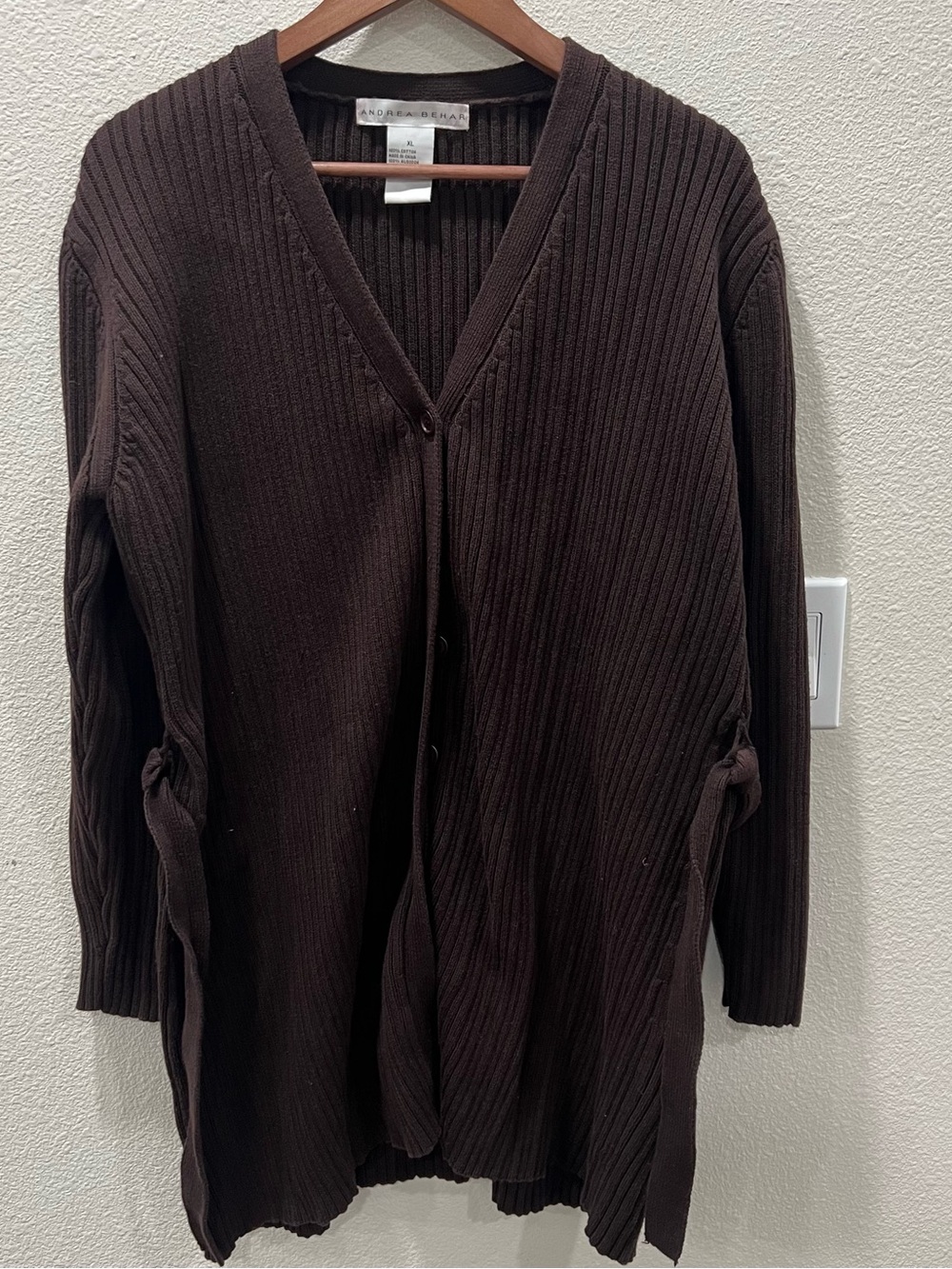Andrea Behar Long Ribbed Cardigan Sweater 100% Cotton Chocolate Brown Size XL